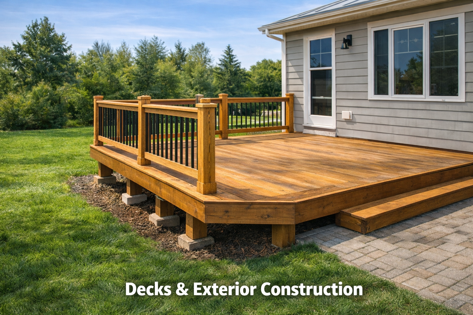 newly built wooden deck in backyard